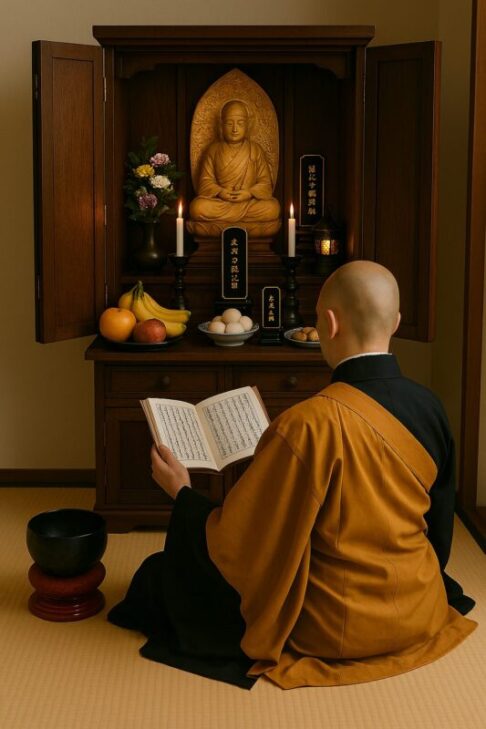 お仏壇の前に座り、お経をあげているお坊さん