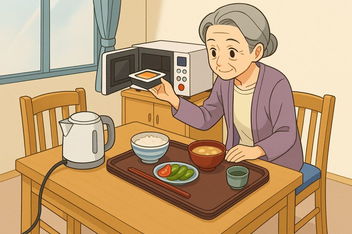 一人暮らしのマンションで食事の用意をする高齢者