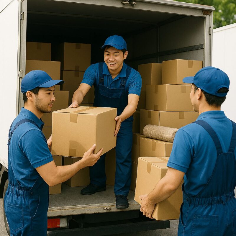 引越し業者がトラックに荷物を積み込んでいる図png