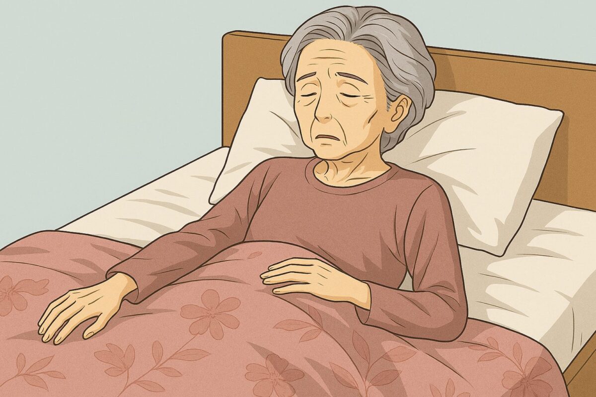 93歳の日本人女性が転倒後、動けなくなりベッドで休む図