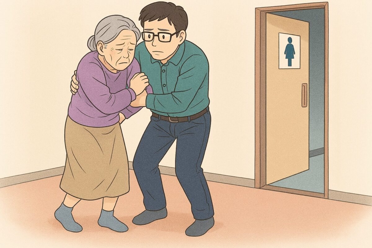 足が上がらない高齢の母親を支えてトイレに向かう図